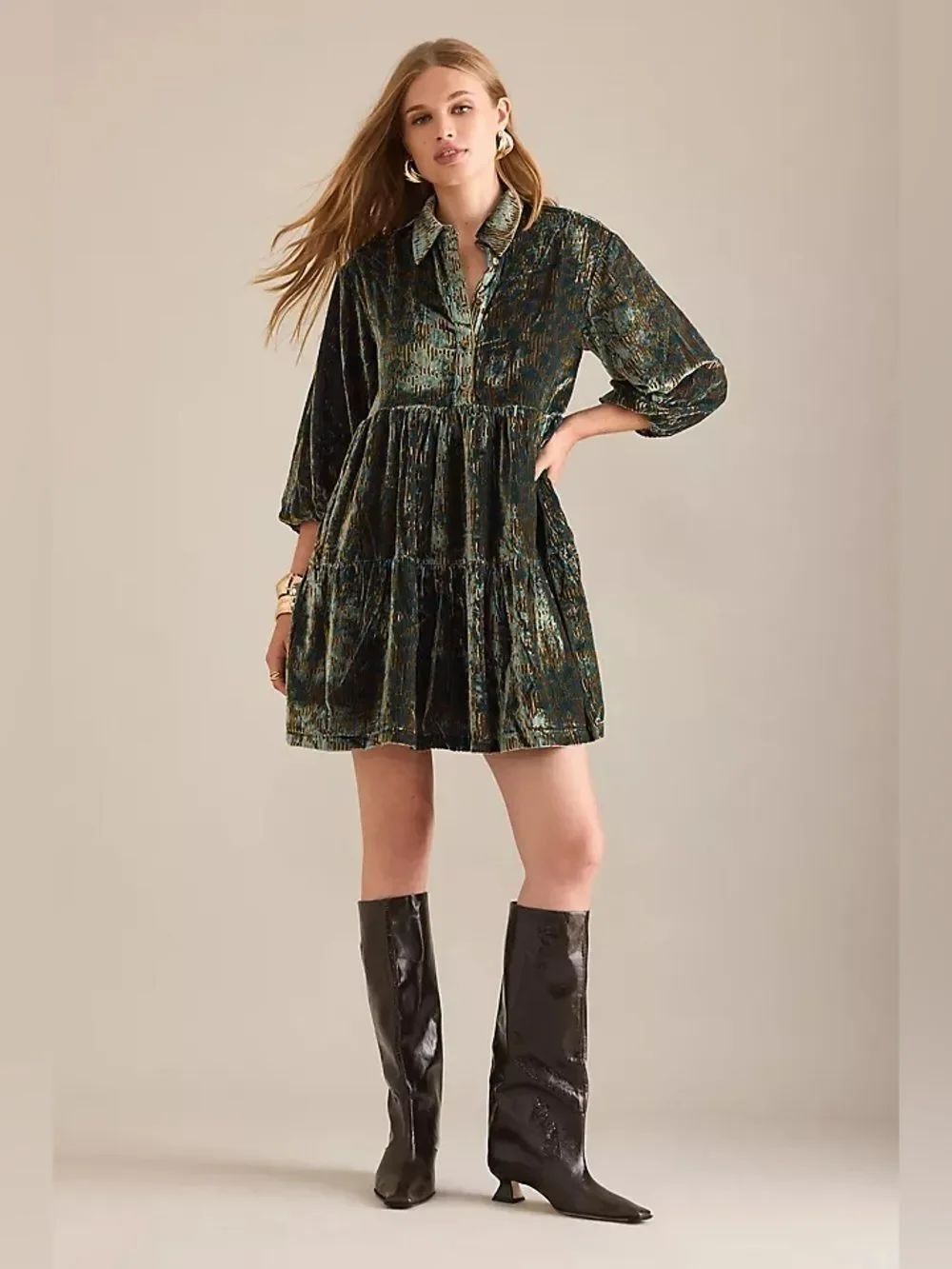 Anthropologie The Bettina Velvet Tiered Mini Shirt Dress by Maeve NWT